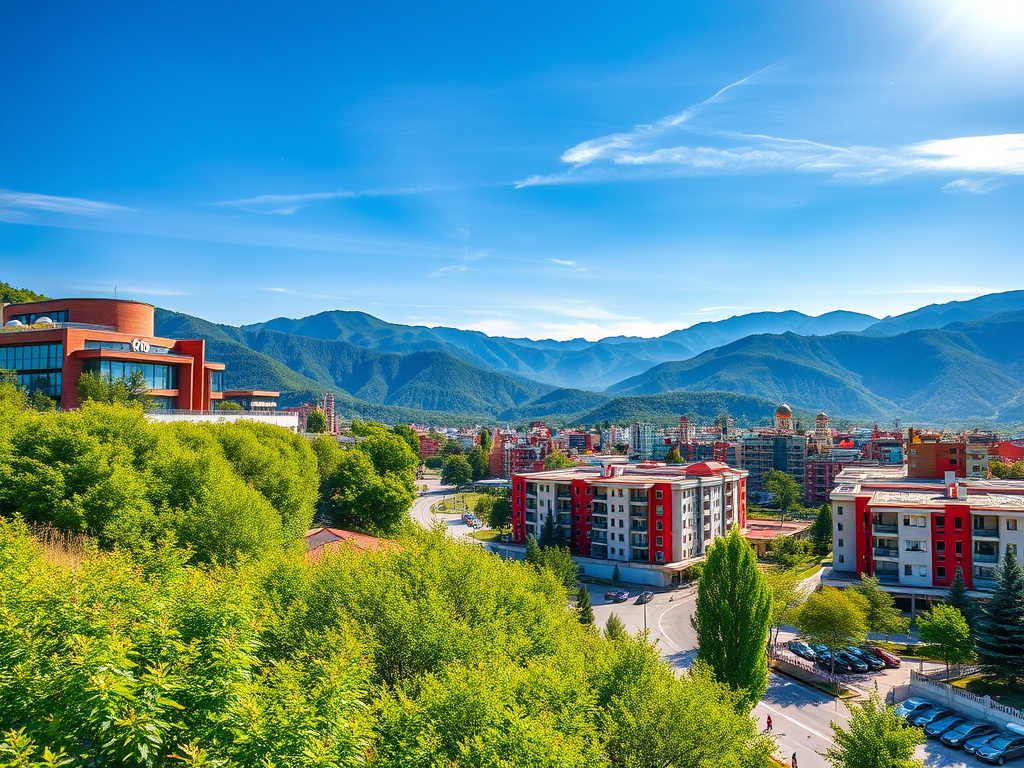 ภาพเมืองที่ตั้งอยู่ในหุบเขา Gabala เมืองท่องเที่ยวของอาเซอร์ไบจาน แสดงให้เห็นอาคารที่อยู่อาศัยสมัยใหม่สีแดงสลับขาว ล้อมรอบด้วยพืชพรรณเขียวขจี มีเทือกเขาคอเคซัสสีฟ้าครามเป็นฉากหลัง ถ่ายในวันที่ท้องฟ้าสดใส สะท้อนให้เห็นการพัฒนาเมืองท่องเที่ยวที่ผสมผสานกับธรรมชาติได้อย่างลงตัว