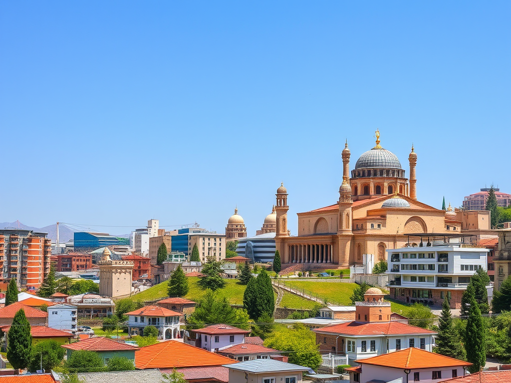 มัสยิดสวยงามสีน้ำตาลอ่อนพร้อมโดมสีเงินและหอคอยมินาเรตสูงตระหง่าน ตั้งอยู่บนเนินเขาในเมืองบากู อาเซอร์ไบจาน ล้อมรอบด้วยบ้านเรือนหลังคาสีส้มและต้นไม้เขียวขจี ด้านหลังเป็นอาคารสมัยใหม่และท้องฟ้าสีฟ้าสดใส ภาพสะท้อนการผสมผสานระหว่างสถาปัตยกรรมอิสลามดั้งเดิมกับความเป็นเมืองสมัยใหม่