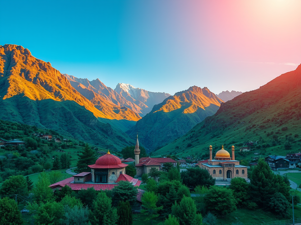 หมู่บ้านในหุบเขาคอเคซัสของอาเซอร์ไบจาน ถ่ายในช่วงพระอาทิตย์ตกดิน แสดงให้เห็นมัสยิดสองแห่งที่มีโดมสีแดงและสีทอง ตั้งอยู่ท่ามกลางต้นไม้เขียวขจี ฉากหลังเป็นเทือกเขาสูงที่สะท้อนแสงสีทองของพระอาทิตย์ตกดิน สร้างภาพที่งดงามระหว่างสถาปัตยกรรมอิสลามและธรรมชาติอันยิ่งใหญ่ของเทือกเขาคอเคซัส