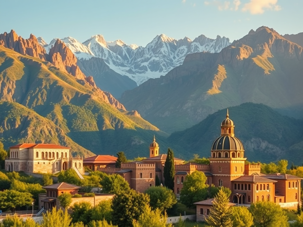 สถาปัตยกรรมแบบยุโรปโบราณสีน้ำตาลอิฐพร้อมโดมและหอคอย ตั้งอยู่บนเชิงเขาในเมือง Gabala ประเทศอาเซอร์ไบจาน ฉากหลังเป็นเทือกเขาคอเคซัสที่มียอดเขาปกคลุมด้วยหิมะ แสงแดดยามเย็นสาดส่องให้ภูเขามีสีทองอร่าม ล้อมรอบด้วยต้นไม้เขียวขจี ภาพสะท้อนความงดงามของสถาปัตยกรรมที่กลมกลืนกับธรรมชาติอันยิ่งใหญ่