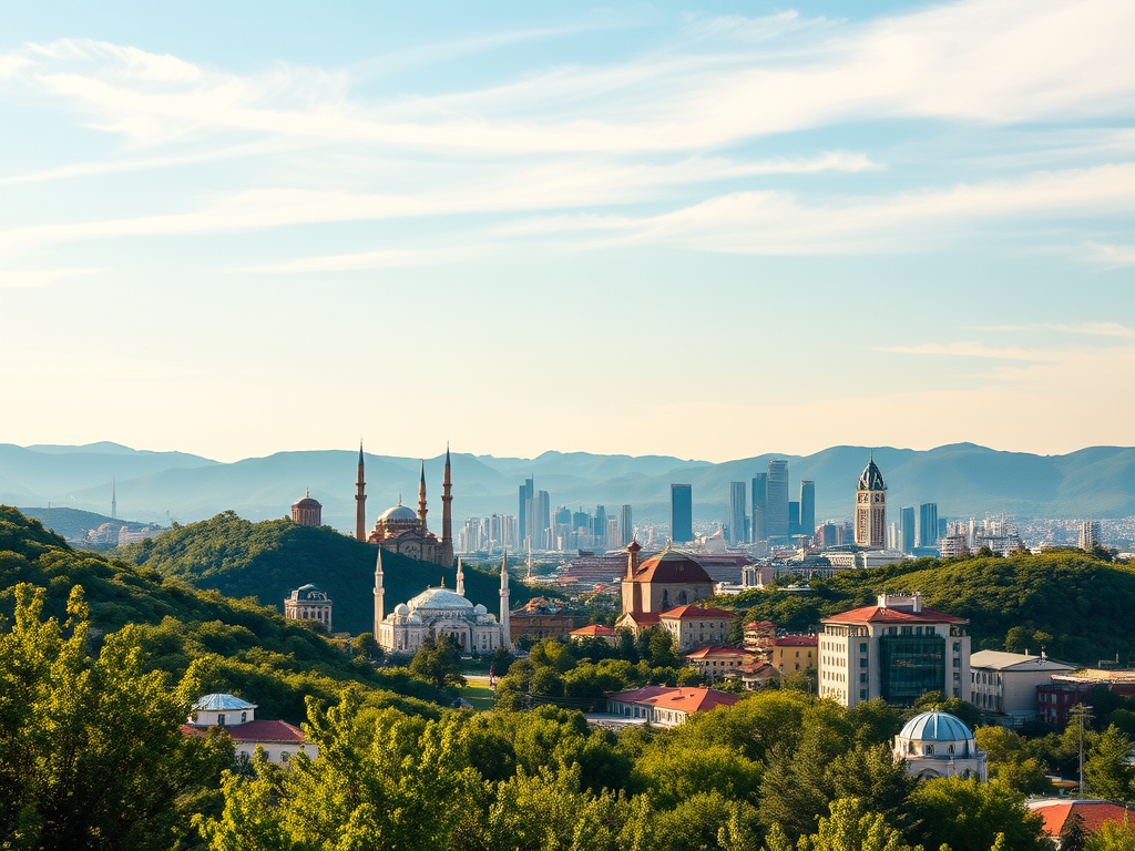 ทัศนียภาพของเมืองบากู เมืองหลวงของอาเซอร์ไบจาน แสดงให้เห็นการผสมผสานระหว่างเมืองเก่าและใหม่ ด้านหน้าเป็นมัสยิดขนาดใหญ่สีขาวพร้อมหอมินาเรต และอาคารประวัติศาสตร์หลังคาสีแดง ล้อมรอบด้วยต้นไม้เขียวขจีบนเนินเขา ส่วนด้านหลังเป็นตึกระฟ้าทันสมัยของย่านธุรกิจ และมีเทือกเขาคอเคซัสเป็นฉากหลัง ภาพถ่ายในช่วงเช้าใต้ท้องฟ้าสดใส สะท้อนความเป็นเมืองที่ผสมผสานระหว่างวัฒนธรรมดั้งเดิมกับความทันสมัยได้อย่างลงตัว