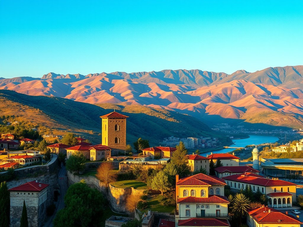 ทัศนียภาพของเมืองเก่าในอาเซอร์ไบจาน แสดงให้เห็นหอคอยหินโบราณสูงตระหง่าน ล้อมรอบด้วยอาคารสถาปัตยกรรมแบบดั้งเดิมที่มีหลังคาสีแดง กำแพงหินเก่าแก่ และต้นไม้เขียวขจี ด้านหลังเป็นเทือกเขาที่สะท้อนแสงอาทิตย์ยามเช้าเป็นสีทองอมชมพู และทะเลสาบสีฟ้าในหุบเขา ภาพถ่ายในช่วงพระอาทิตย์ขึ้น สะท้อนให้เห็นความงดงามของสถาปัตยกรรมโบราณผสมผสานกับธรรมชาติ