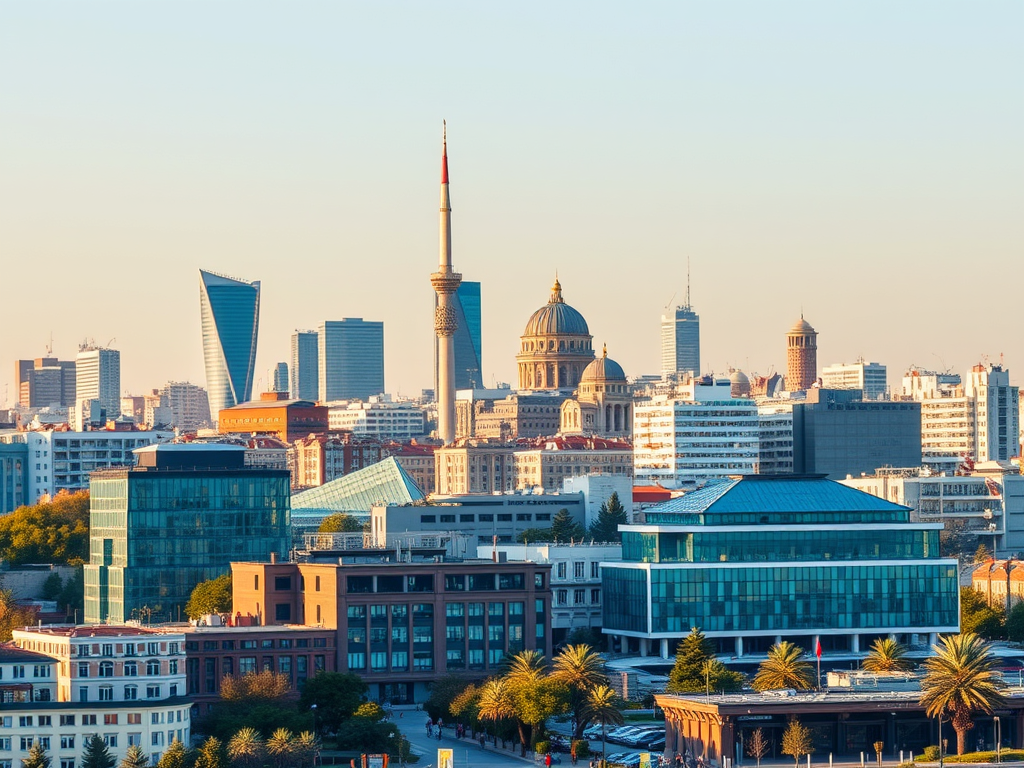 ทัศนียภาพของเมืองบากู เมืองหลวงอาเซอร์ไบจาน ช่วงแสงเช้า แสดงให้เห็นการผสมผสานของสถาปัตยกรรมหลากยุค โดดเด่นด้วยหอคอยโทรทัศน์สูงตระหง่านกลางเมือง อาคารสำนักงานกระจกทันสมัย โดมสีทองของอาคารประวัติศาสตร์ และต้นปาล์มเรียงรายริมถนนด้านหน้า ภาพสะท้อนความเป็นเมืองที่ผสมผสานระหว่างวัฒนธรรมตะวันออกกลาง ยุโรป และความทันสมัย