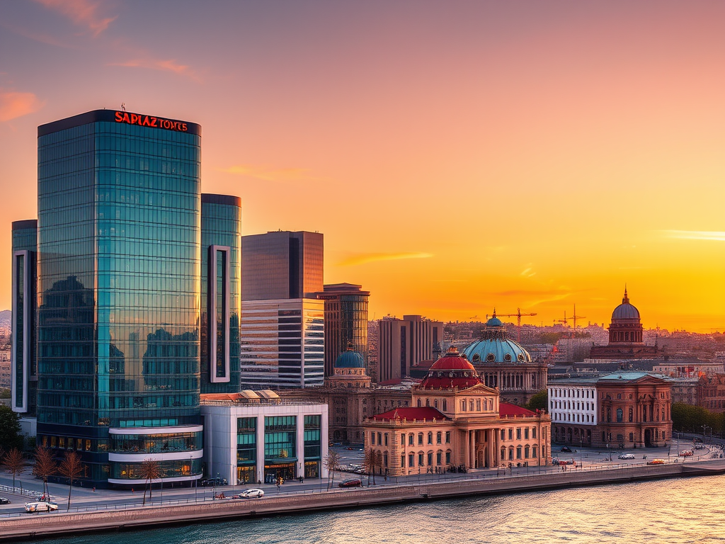วิวเมืองบากู เมืองหลวงของอาเซอร์ไบจาน ถ่ายในช่วงพระอาทิตย์ตก แสดงความตัดกันระหว่างอาคาร Sapnaz Tower อาคารกระจกทันสมัยสูงตระหง่าน กับอาคารประวัติศาสตร์สไตล์นีโอคลาสสิกที่มีโดมสีแดงและสีฟ้า ท้องฟ้าสีส้มทองสะท้อนลงบนผิวน้ำในอ่าวบากู สร้างบรรยากาศที่สวยงาม แสดงให้เห็นการผสมผสานระหว่างความทันสมัยและวัฒนธรรมดั้งเดิมของเมืองนี้