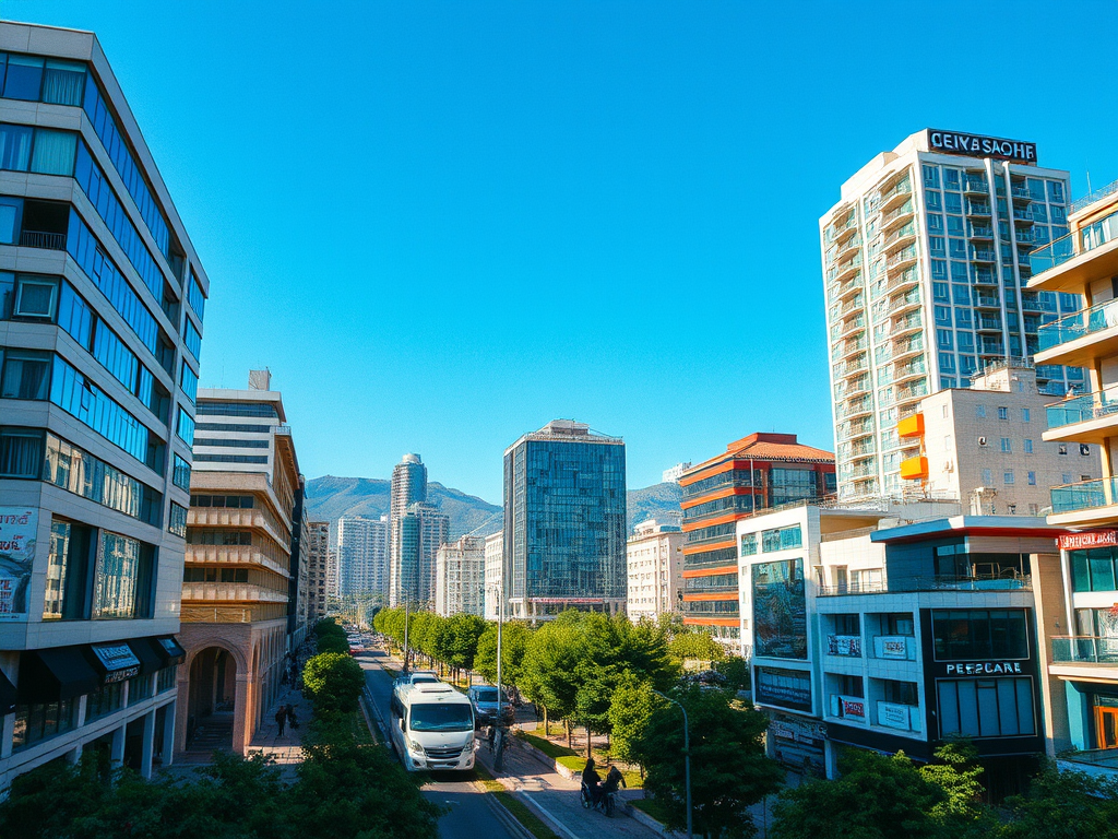 ถนนสายหลักในย่านธุรกิจของเมืองบากู อาเซอร์ไบจาน แสดงให้เห็นอาคารสูงสมัยใหม่สองข้างทาง อาคารสำนักงานกระจก และอาคารที่พักอาศัยระดับสูง มีแนวต้นไม้สีเขียวตลอดสองข้างถนน ด้านหลังเป็นเทือกเขาสูง ท้องฟ้าสีฟ้าสดใส สะท้อนความเป็นเมืองทันสมัยที่มีการวางผังเมืองอย่างเป็นระเบียบ