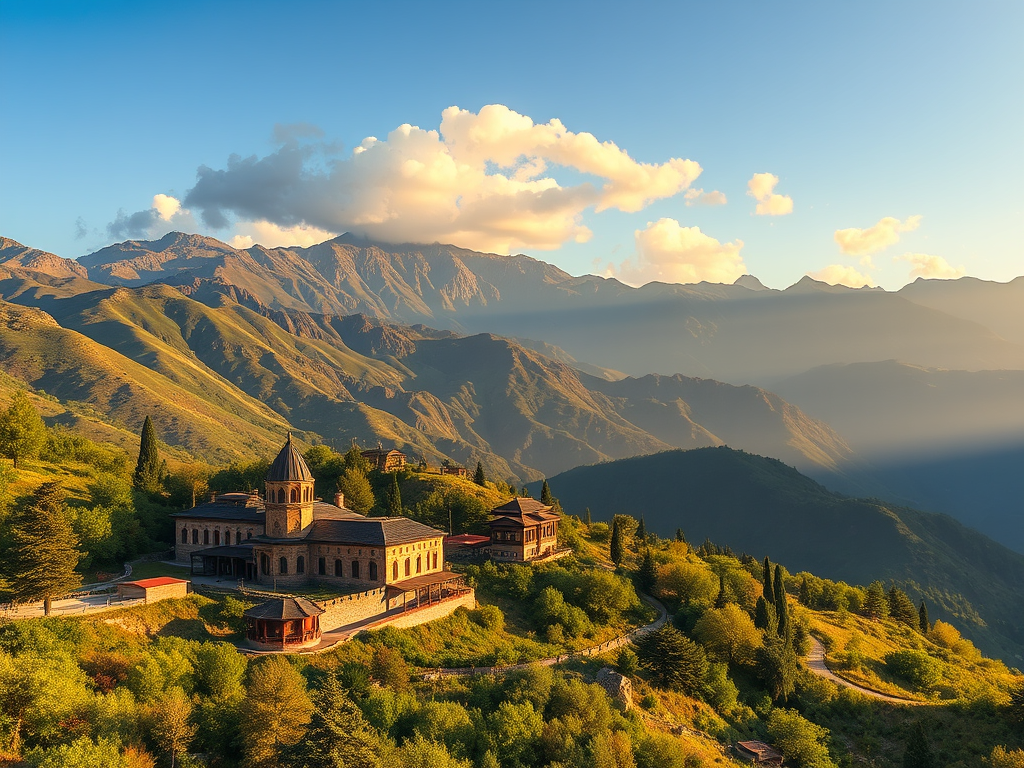 วัดโบราณบนเนินเขาในภูมิภาคเทือกเขาคอเคซัส อาเซอร์ไบจาน ตั้งอยู่ท่ามกลางภูเขาสูงที่ทอดยาว ภาพถ่ายในช่วงพระอาทิตย์ตกทำให้เกิดแสงสีทองบนยอดเขาและเมฆ อาคารมีสถาปัตยกรรมแบบดั้งเดิมพร้อมโดมทรงกลม ล้อมรอบด้วยต้นไม้และภูมิทัศน์เขียวขจี แสดงให้เห็นความงดงามของธรรมชาติและมรดกทางวัฒนธรรมของประเทศ